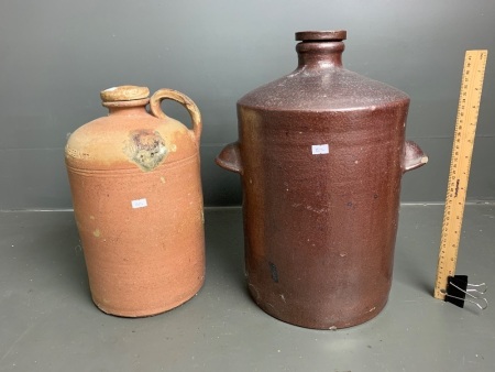 2 Stoneware Demijohns with Stoppers - 1 Plain, 1 Taylor and Elliotts Brisbane