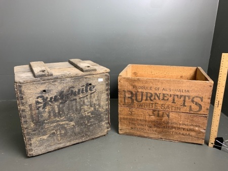 2 Vintage Wooden Crates - Burnetts White Satin Gin and G. Bradley Justfruite Oakley