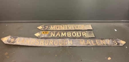 3 Vintage Road Signs in Miles - Maleny, Montville, Landsborough