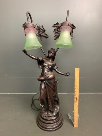 Bronze Coloured Lady Table Lamp with Twin Green/Purple Shades