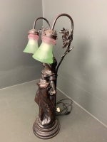 Bronze Coloured Lady Table Lamp with Twin Green/Purple Shades - 2