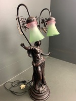 Bronze Coloured Lady Table Lamp with Twin Green/Purple Shades - 3