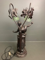 Bronze Coloured Lady Table Lamp with Twin Green/Purple Shades - 4