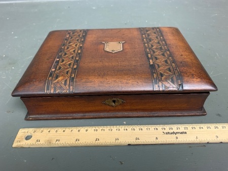 Antique Cedar Writing Box with Fruit Wood Inlay, Inkwell and Key