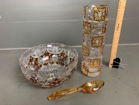 Bohemian Wheel Cut Amber Glass Vase, Bowl + Spoon