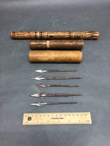 3 Antique Carved Bamboo Spear Tip Cases with Collection of Hand Cut Spear Tips