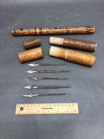 3 Antique Carved Bamboo Spear Tip Cases with Collection of Hand Cut Spear Tips - 2