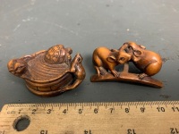 2 Wooden Rat Netsuke's - Signed to Base