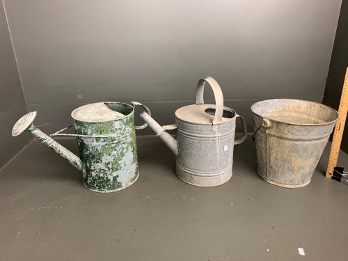 2 Galvanised Wattering Cans (1 without rose) + Galvanised Bucket