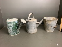 2 Galvanised Wattering Cans (1 without rose) + Galvanised Bucket - 2