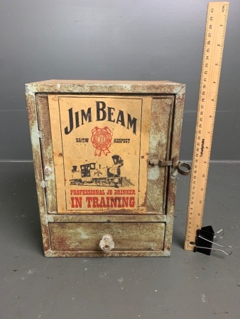 Vintage Tin Table Top or Wall Mount Cabinet with Jim Beam 'JB Drinker in Training' Poster on Door