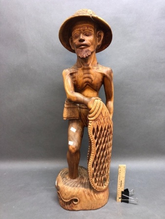 Large Carved Chinese Fisherman Statue - As Is