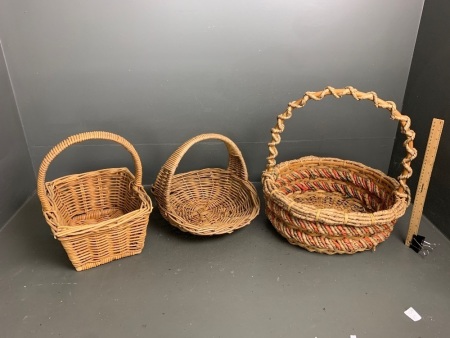 3 Cane Baskets - 1 with Coloured Rope Look Twist