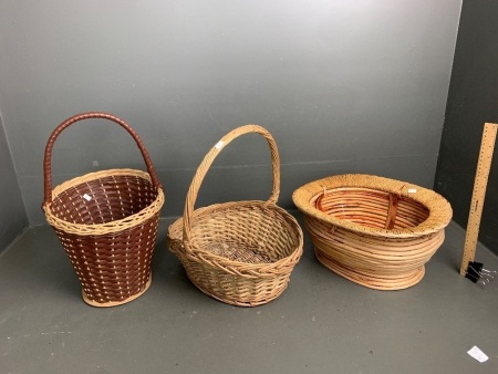 3 Baskets - 1 Woven Cane and Plastic - 2 with Wooden Bases