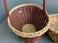 3 Baskets - 1 Woven Cane and Plastic - 2 with Wooden Bases - 2