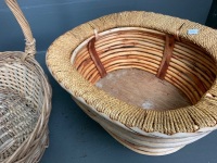 3 Baskets - 1 Woven Cane and Plastic - 2 with Wooden Bases - 3