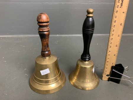 2 Small Brass School Bells with Wooden Handles