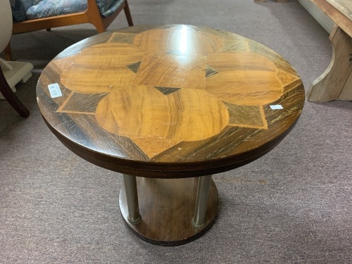 Savidge and Kiler, Bundaberg, Round Inlaid Deco Side Table with Plaque on Base Reading: with compliments of the Art Moderne Furniture Showrooms