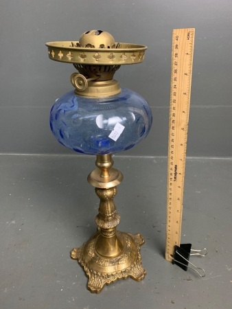 Blue Glass Font Kero Lamp on Brass Stand - no chimney or shade