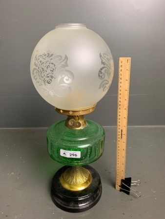 Vintage Kero Lamp with Green Glass Font and Frosted Shade - No chimney