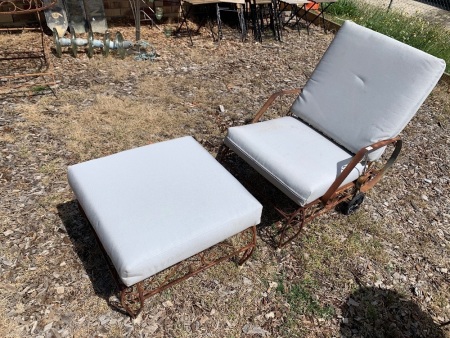 Heavy Scrolled Steel Chair and Foot Stool + Cushions