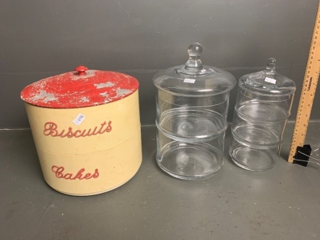 Retro Biscuits/Cakes Stacking Canister + 2 Glass canisters (1x2 tier, 1x3 tier)