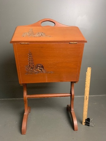 Vintage Timber Standing Sewing Box with Japanese Etchings and Sewing Supplies