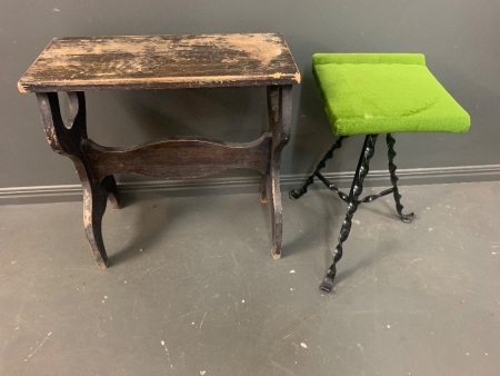 Velvet Padded Swivel Chair with Twisted Steel Legs + Wooden Stool