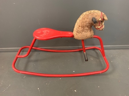 Vintage Steel Childs Rocking Horse with Wooden Seat and Padded Head