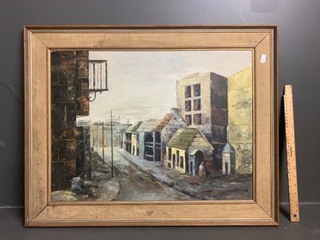 Street Scene, Yellow Buildings 2 - figures Oil Painting signed