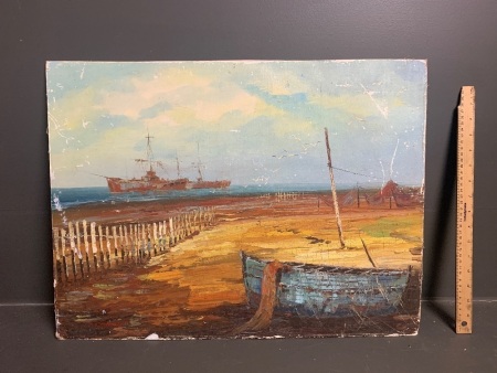 Old Fishing Boat Scene Oil on Board - Signed - Unframed