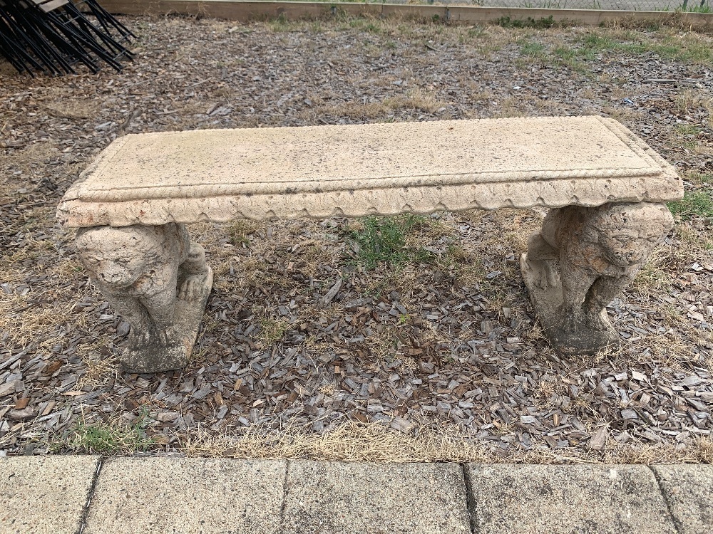 Outdoor Concrete Bench with Kneeling Lion Supports