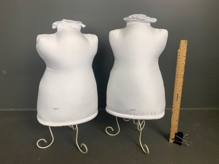 2 Counter Top Display Mannequins - Fabric on Turned Steel Legs - New Condition