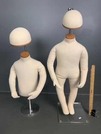 2 Counter Top Display Mannequins - Fabric on Adjustable Stainless Steel  Stands (1 Standing, 1 Hanging) and Removable Heads