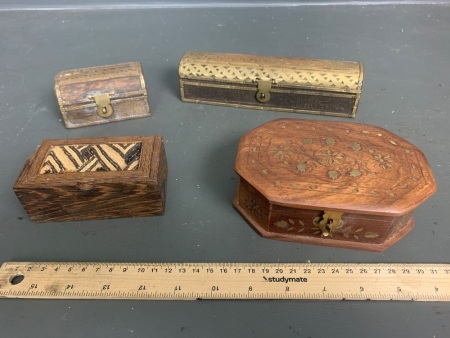 4 Small Vintage Wooden Trinket/Jewellery Boxes - 2 with Brass Fittings