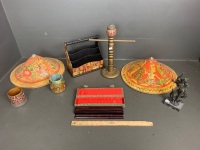 Lot of Asian Collectables inc. Desk Caddy, Wooden Chopsticks, Straw Hats, Spelter Sculpture etc.