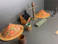 Lot of Asian Collectables inc. Desk Caddy, Wooden Chopsticks, Straw Hats, Spelter Sculpture etc. - 2