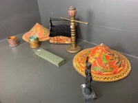 Lot of Asian Collectables inc. Desk Caddy, Wooden Chopsticks, Straw Hats, Spelter Sculpture etc. - 3