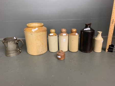 Various Lot of 6 Salt Glazed Stoneware Ink Bottles & Pots + 1 Pewter Pint Measuring Jug