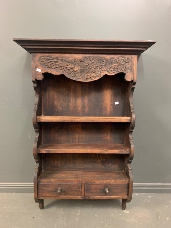 Vintage Wall Unit with Decorative Carved Front - 2 Drawers, 2 Plate Shelves