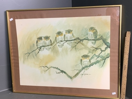 Framed Watercolour Print of Owls Resting on Tree Branches - Signed Vern Yadon 