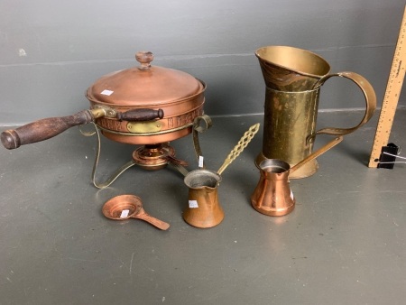 Copper Jugs and Warming Pot on Stand