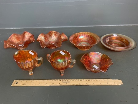 5 Marigold Carnival Glass Bowls + Sugar Bowl and Creamer