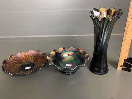 Black and Purple Carnival Glass Bowls and Vase