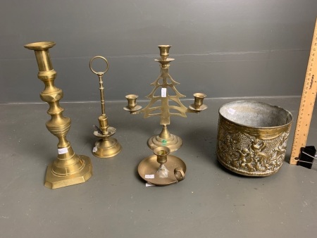 Lot of 5 Vintage Brass Items inc. 4 Candle Sticks + 3 Footed Decorative Pot