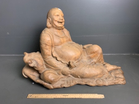 Large Hand Carved Elmwood Laughing Buddha