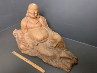 Large Hand Carved Elmwood Laughing Buddha - 2