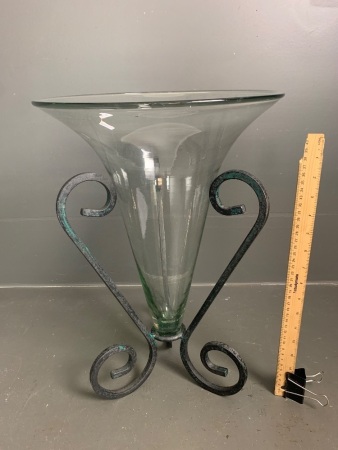 Wrought/Iron/Trumpet Glass Vintage Floor Vase 