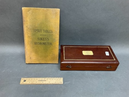 Antique Mahogany Boxed Hydrometer Set + Spirit Tables Book