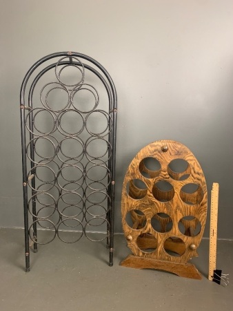 1 wire 18 bottle wine rack and 1 timber 10 bottle wine rack